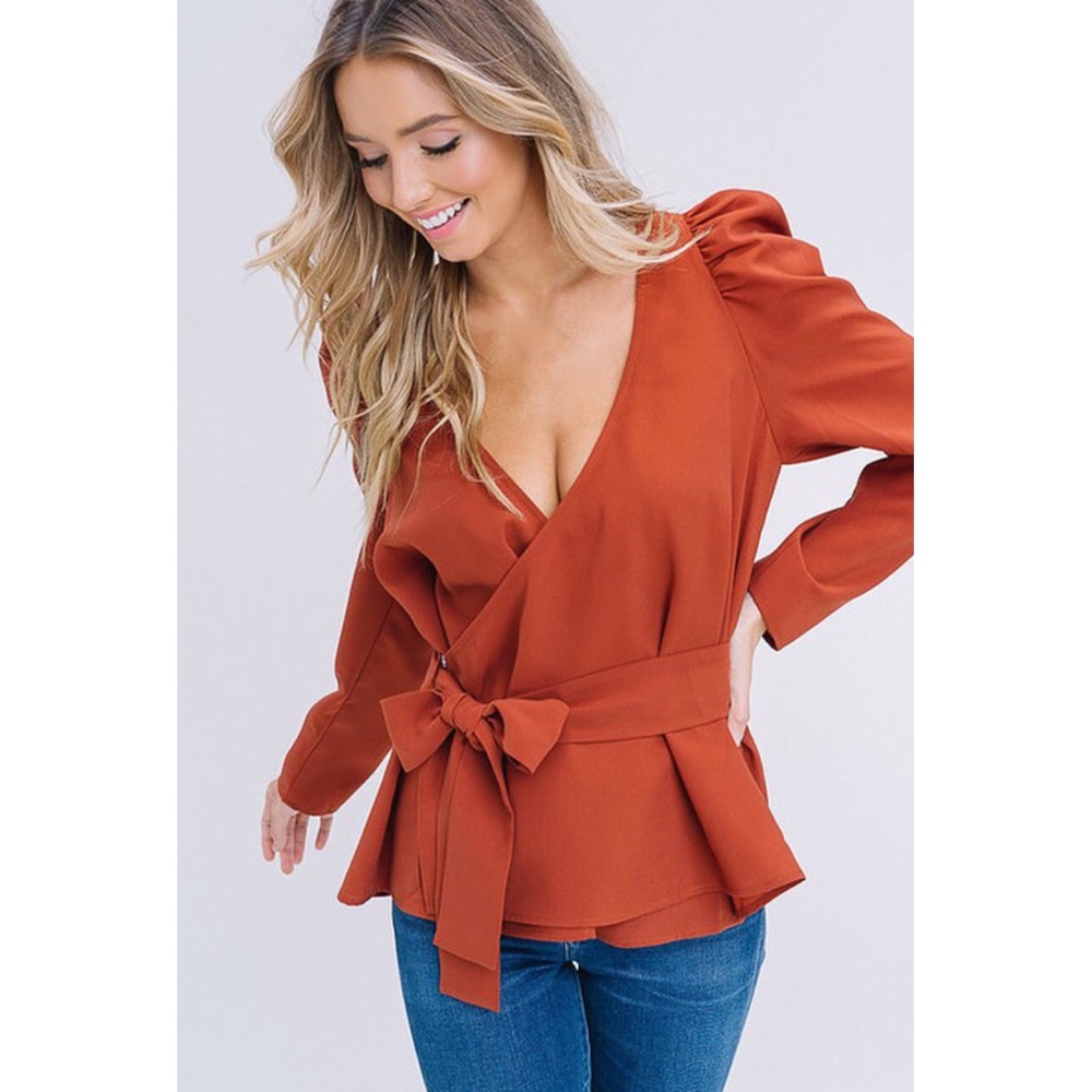 Brick V-Neck Wrap Puff Shoulder Top - Picture 4 of 7